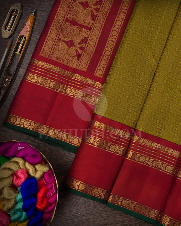 Khaki Green And Rust Red Pure Zari Kanjivaram Silk Saree-SP149