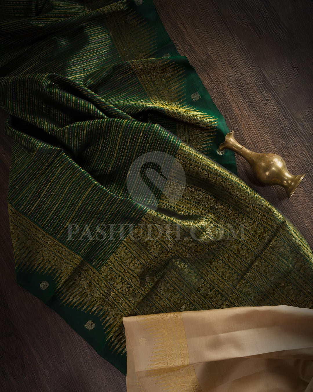 Bottle Green And Cream Kanjivaram Silk Saree-S1494(A)