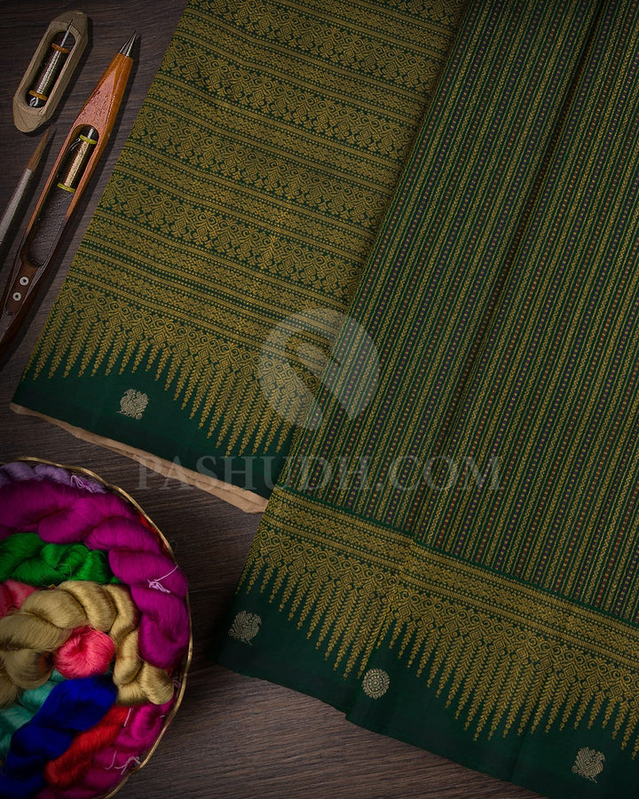 Bottle Green And Cream Kanjivaram Silk Saree-S1494(A)