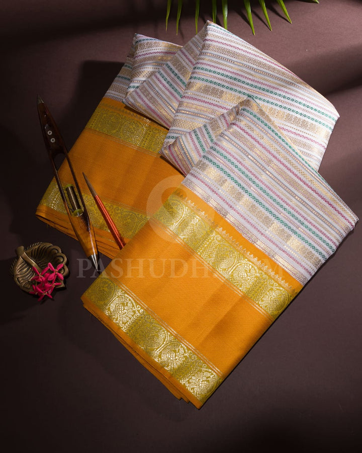 Half White And Mango Yellow Kanjivaram Silk Saree-S1484(A)