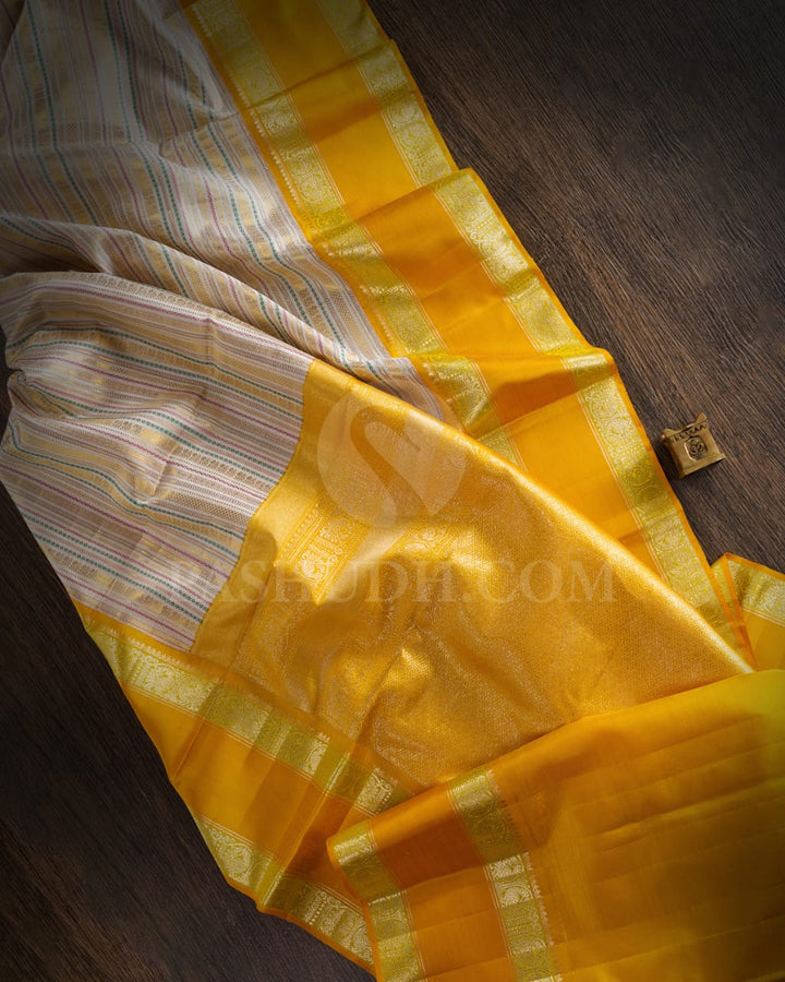 Half White And Mango Yellow Kanjivaram Silk Saree-S1484(A)