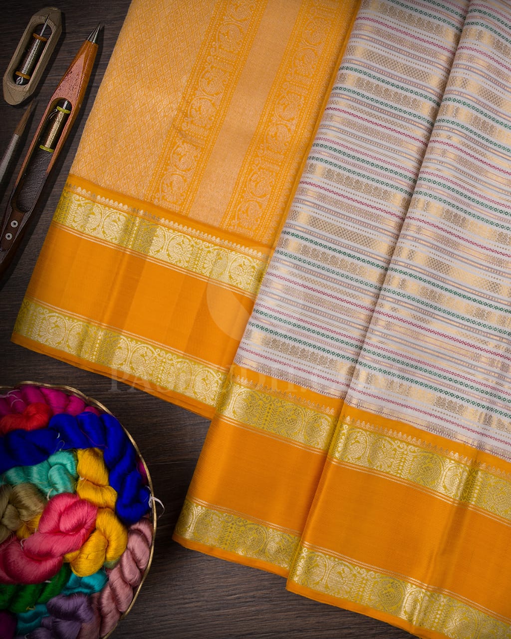 Half White And Mango Yellow Kanjivaram Silk Saree-S1484(A)