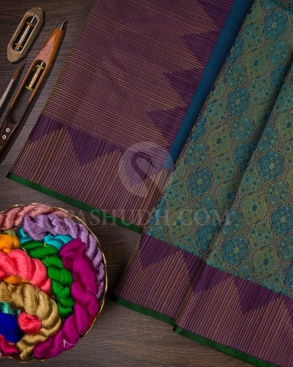 Anandha Blue, Green And Violet Kanjivaram Silk Saree-D601(H)