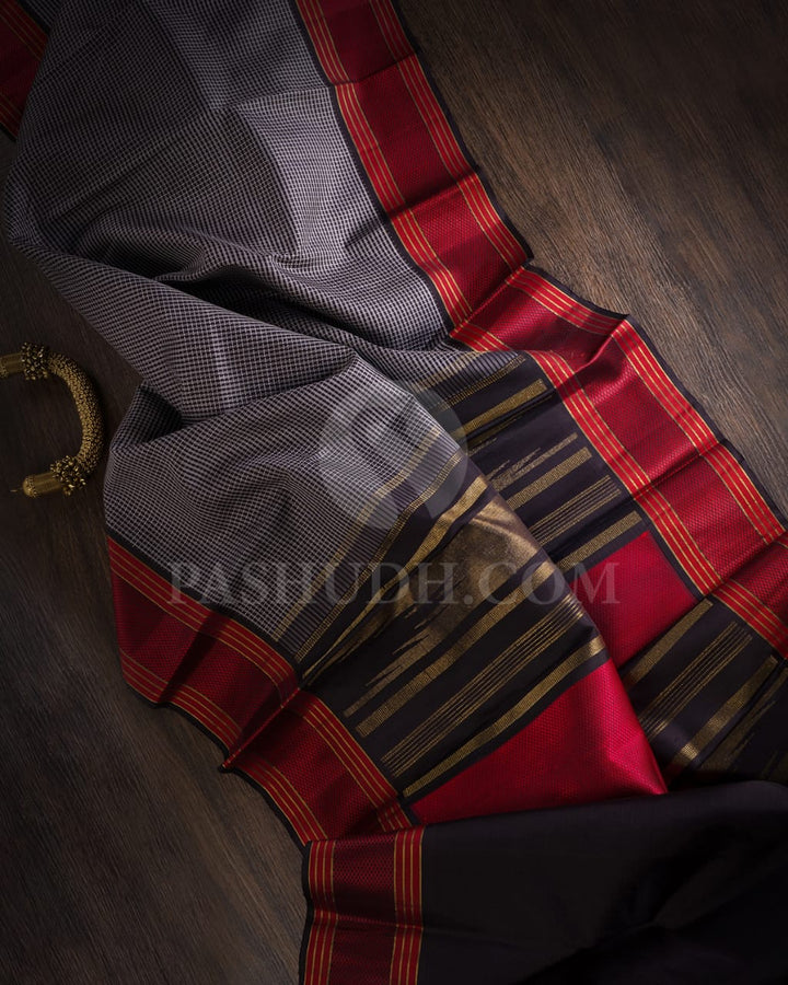Black And Grey With Red Border Pure Zari  Kanjivaram Silk Saree-SP165