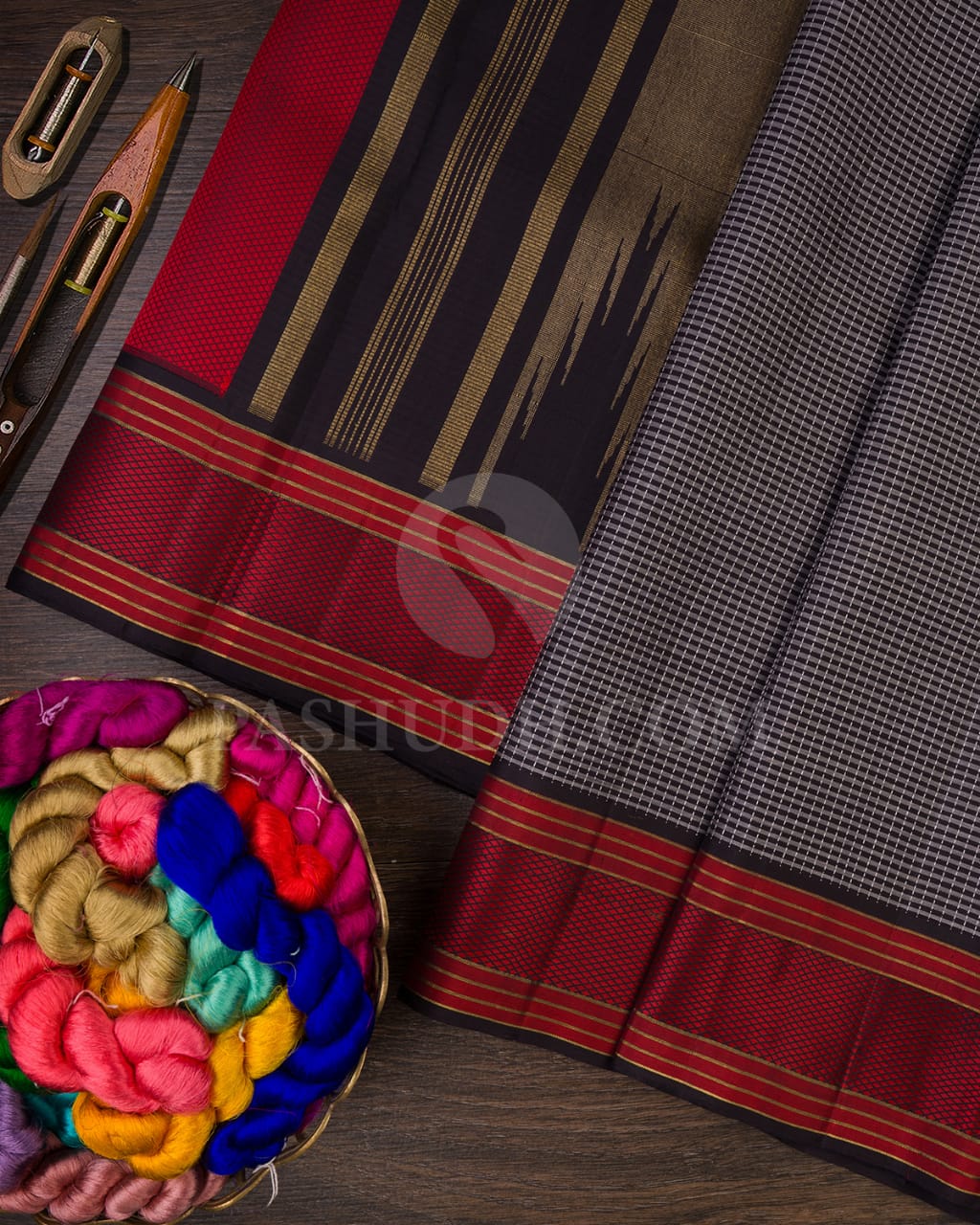 Black And Grey With Red Border Pure Zari  Kanjivaram Silk Saree-SP165
