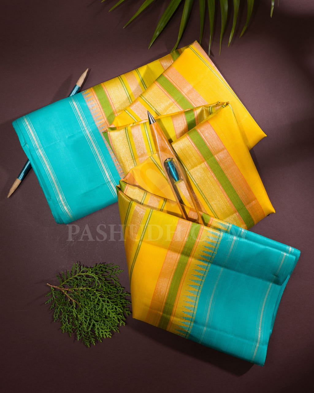 Sunshine Yellow, Orange, Green With Turquoise Blue Temple Border Kanjivaram Silk Saree-AK21