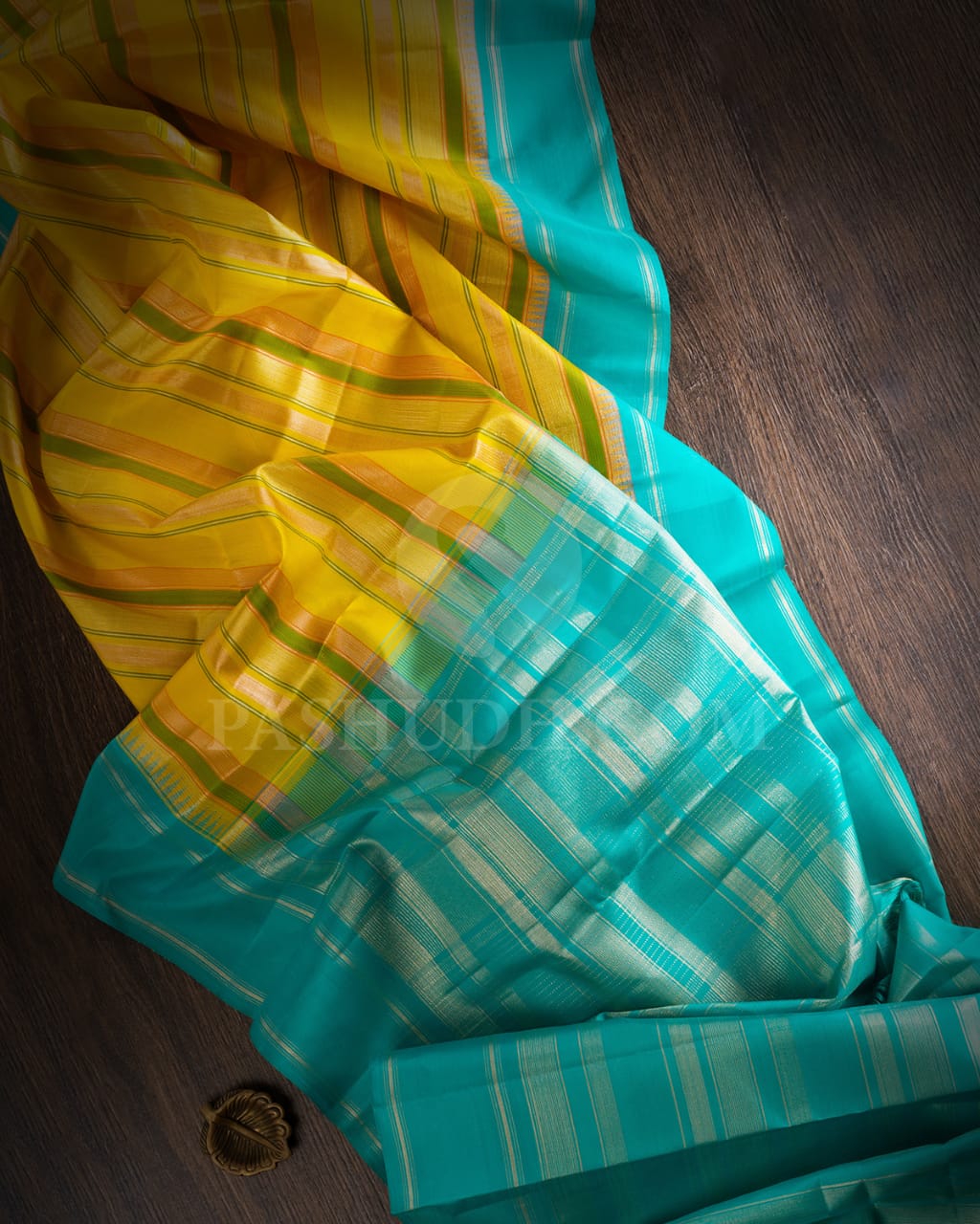 Sunshine Yellow, Orange, Green With Turquoise Blue Temple Border Kanjivaram Silk Saree-AK21