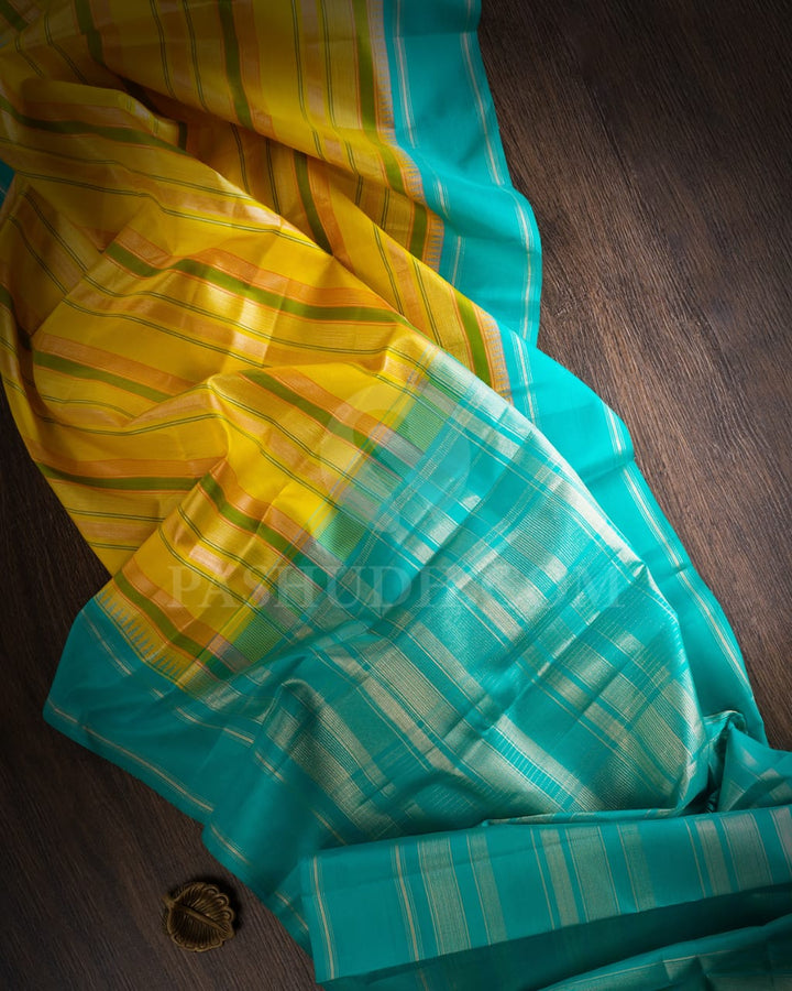 Sunshine Yellow, Orange, Green With Turquoise Blue Temple Border Kanjivaram Silk Saree-AK21