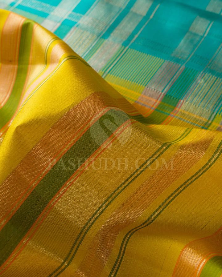 Sunshine Yellow, Orange, Green With Turquoise Blue Temple Border Kanjivaram Silk Saree-AK21