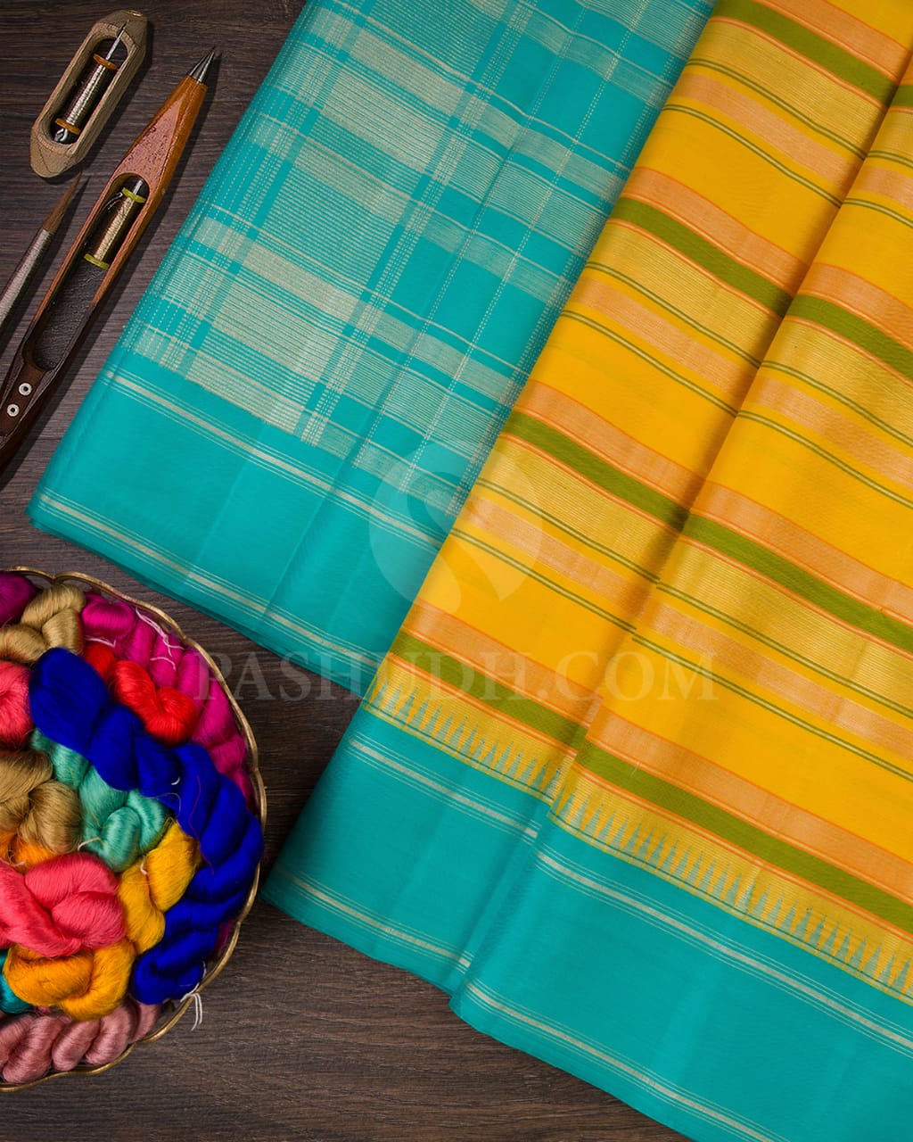 Sunshine Yellow, Orange, Green With Turquoise Blue Temple Border Kanjivaram Silk Saree-AK21
