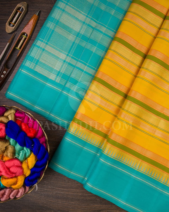 Sunshine Yellow, Orange, Green With Turquoise Blue Temple Border Kanjivaram Silk Saree-AK21