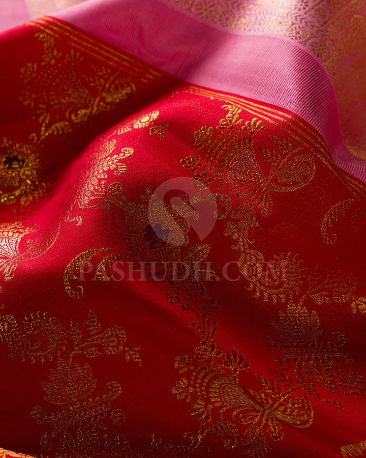 Bright Red With Baby Pink Kanjivaram Silk Saree-S1504(A)