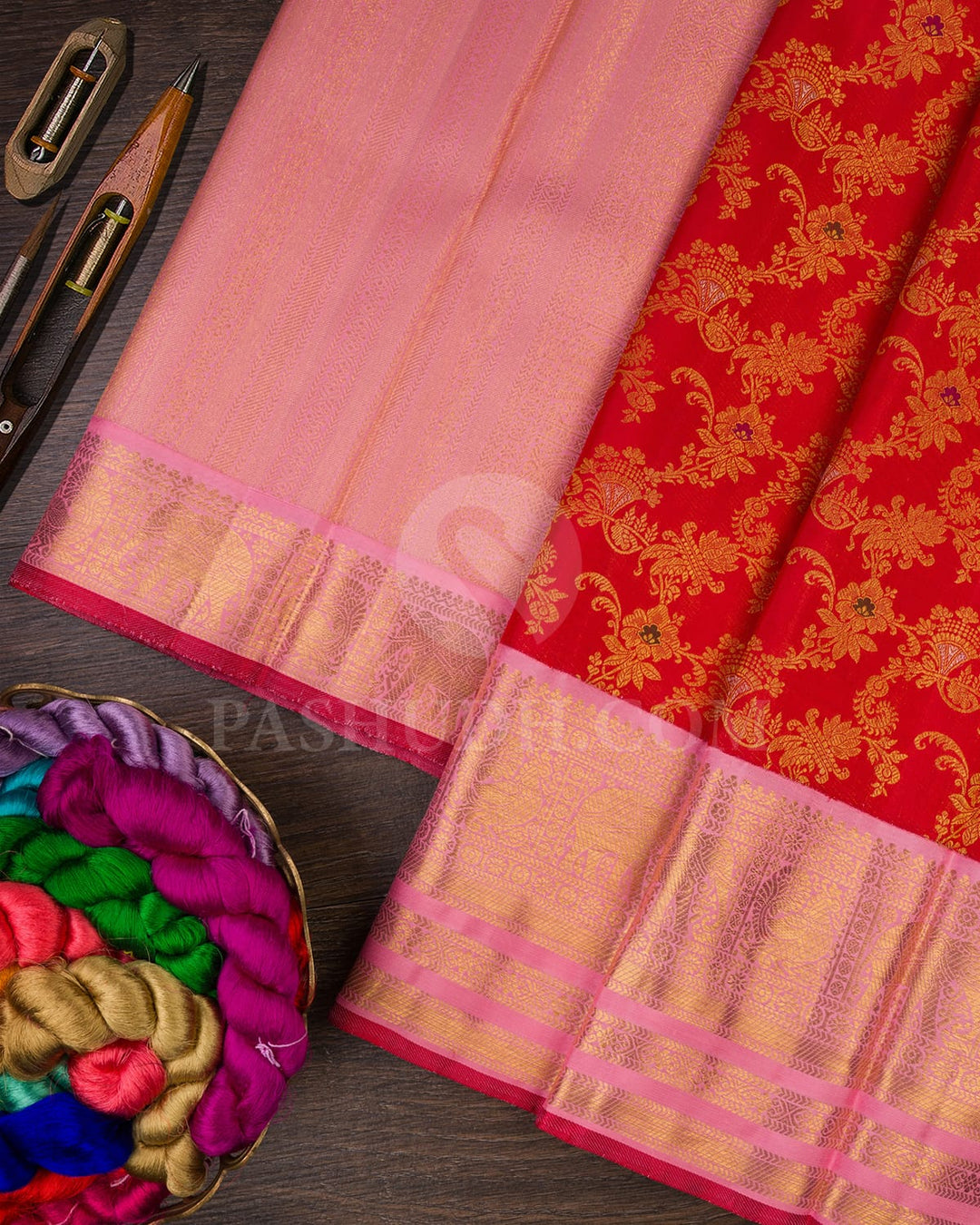 Bright Red With Baby Pink Kanjivaram Silk Saree-S1504(A)