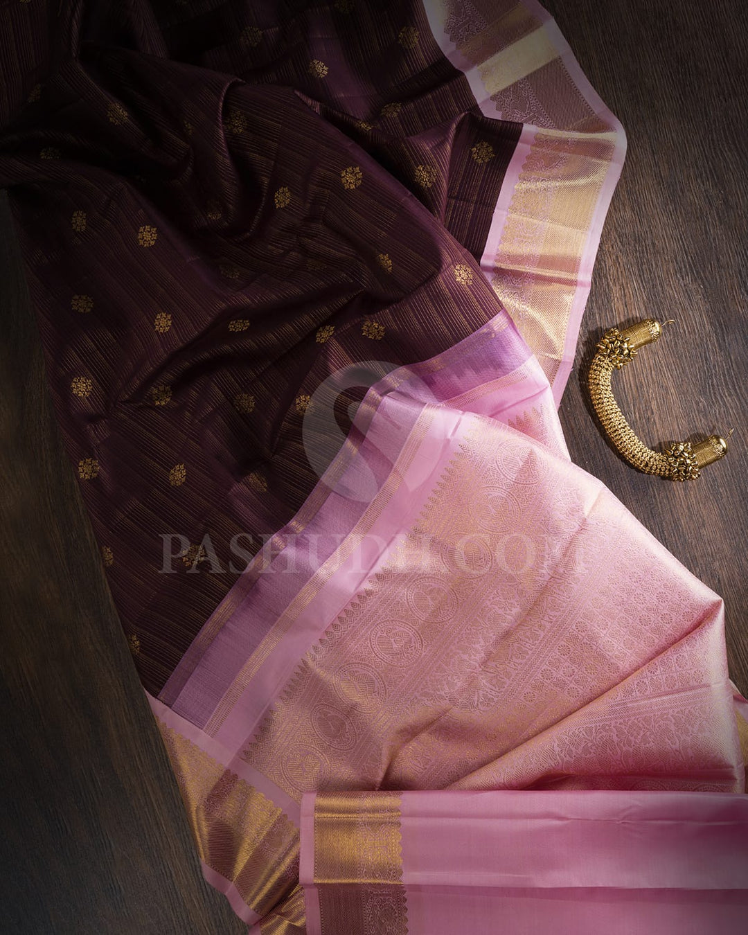 Deep Aubergine And Baby Pink Pure Zari Kanjivaram Silk Saree-SP189