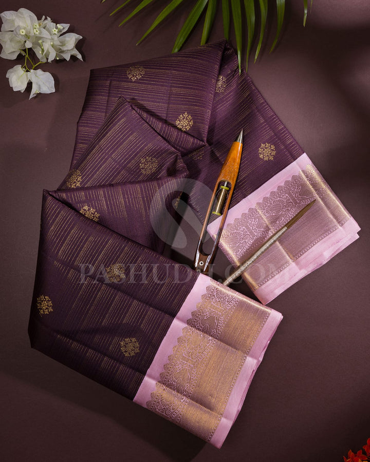 Deep Aubergine And Baby Pink Pure Zari Kanjivaram Silk Saree-SP189