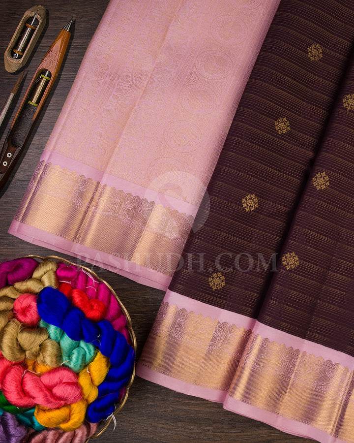 Deep Aubergine And Baby Pink Pure Zari Kanjivaram Silk Saree-SP189
