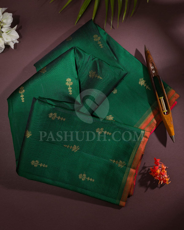 Bottle Green With Orange Shot Pink Pure Zari  Borderless Traditional Kanjivaram Silk Saree-SP151