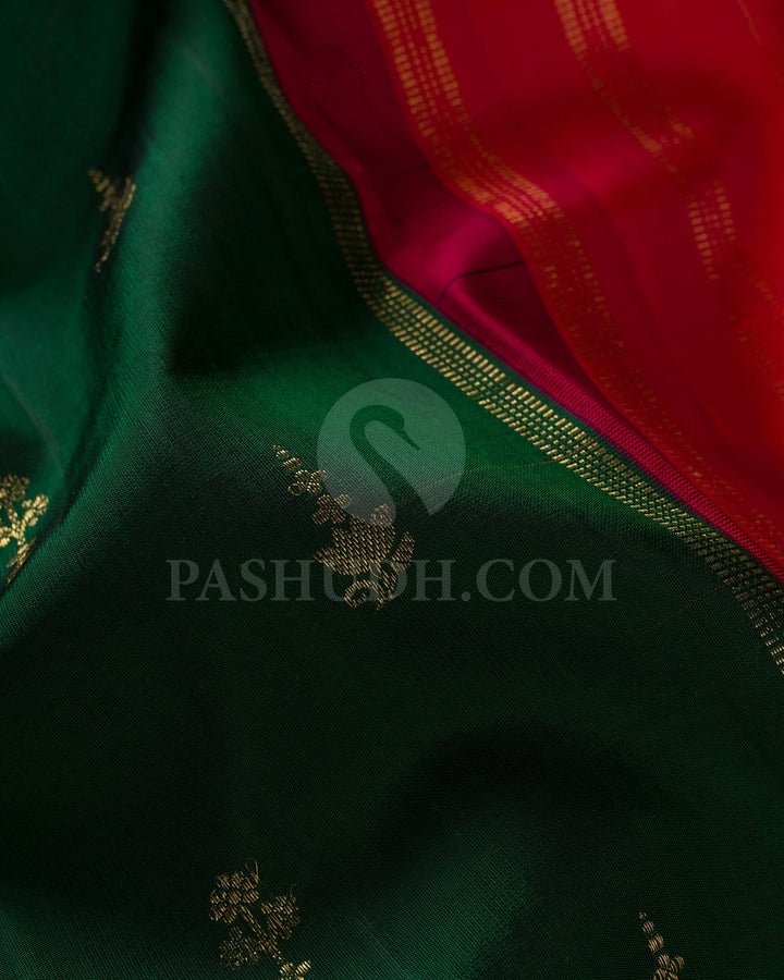 Bottle Green With Orange Shot Pink Pure Zari  Borderless Traditional Kanjivaram Silk Saree-SP151
