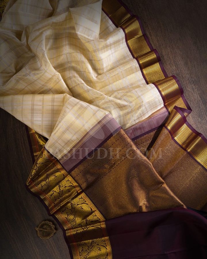 Half White And Betel Nut Brown Kanjivaram Silk Saree-S1222(F)