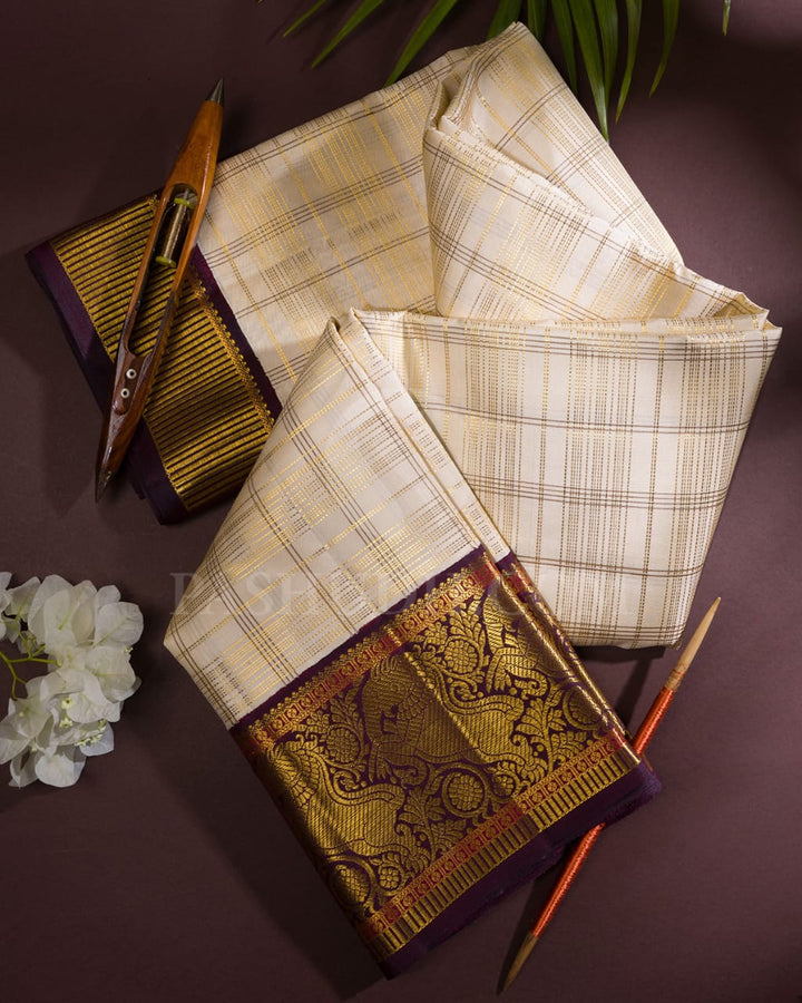 Half White And Betel Nut Brown Kanjivaram Silk Saree-S1222(F)