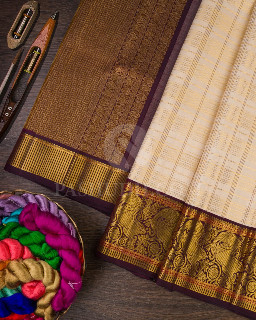 Half White And Betel Nut Brown Kanjivaram Silk Saree-S1222(F)