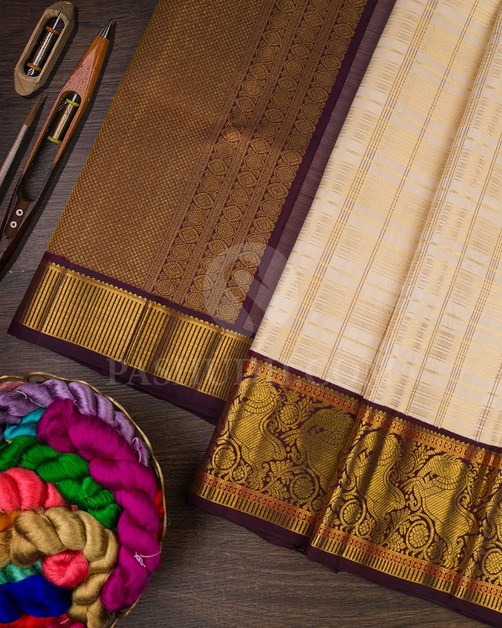 Half White And Betel Nut Brown Kanjivaram Silk Saree-S1222(F)