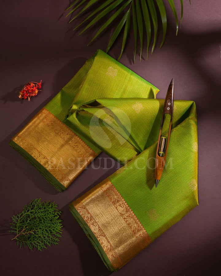 Pear Green And Mild Rust Orange Vairaoosi  Pure Zari  Kanjivaram Silk Saree-SP181
