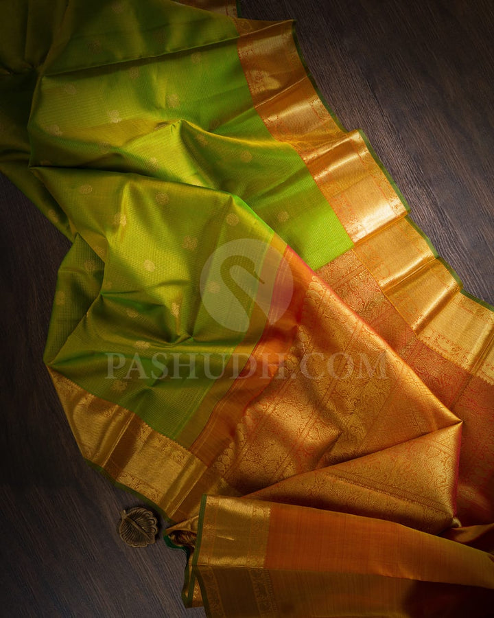 Pear Green And Mild Rust Orange Vairaoosi  Pure Zari  Kanjivaram Silk Saree-SP181