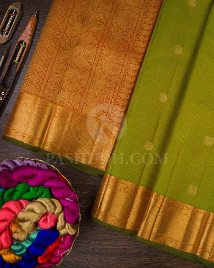 Pear Green And Mild Rust Orange Vairaoosi  Pure Zari  Kanjivaram Silk Saree-SP181