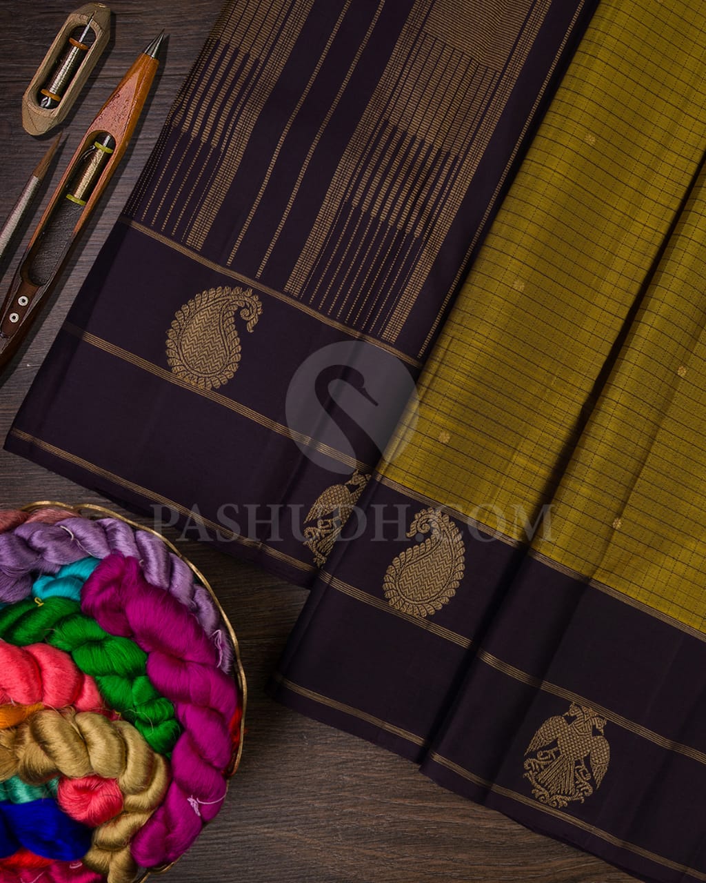 Olive Green And Deep Purple  Pure Zari Kanjivaram Silk Saree-SP161
