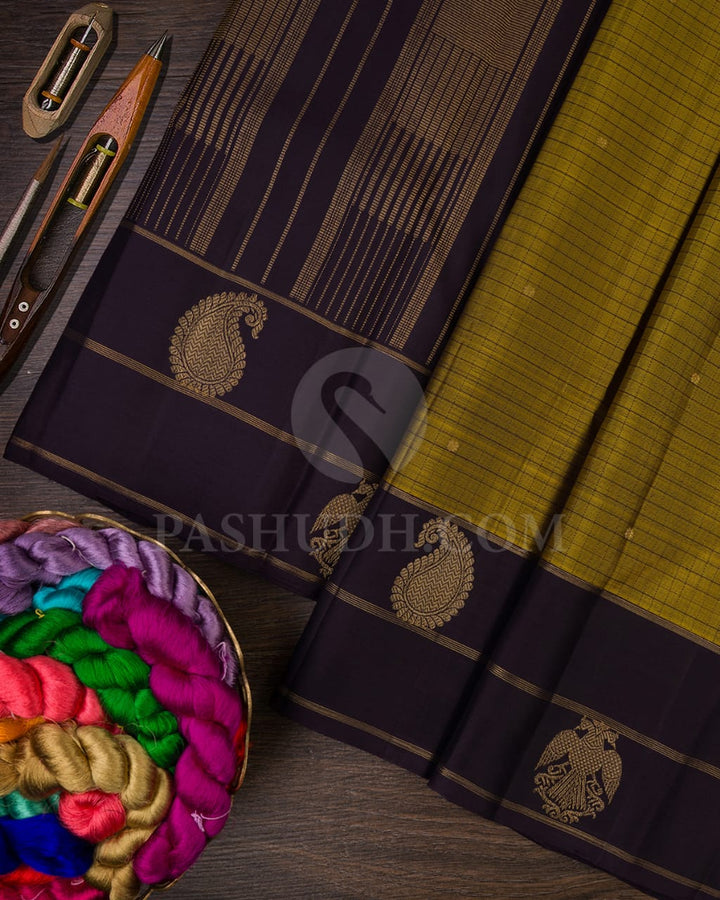 Olive Green And Deep Purple  Pure Zari Kanjivaram Silk Saree-SP161