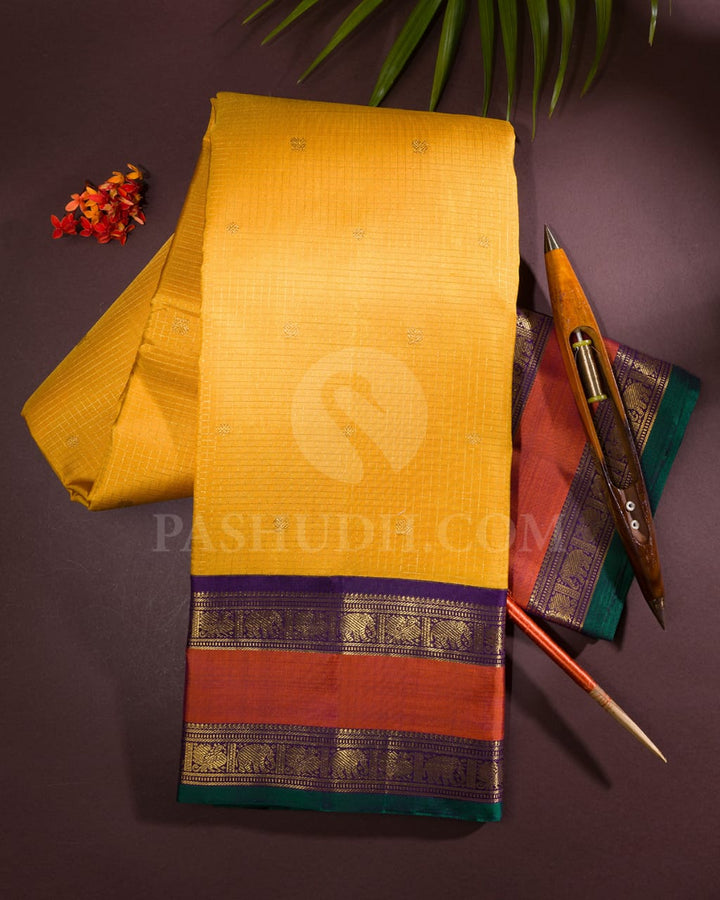 Mango Yellow And Purple Pure Zari Kanjivaram Silk Saree-SP140