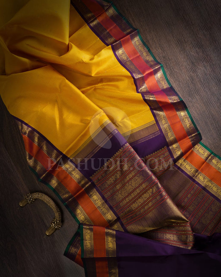 Mango Yellow And Purple Pure Zari Kanjivaram Silk Saree-SP140