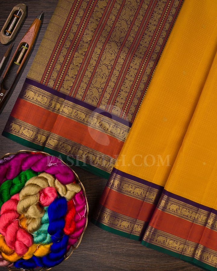 Mango Yellow And Purple Pure Zari Kanjivaram Silk Saree-SP140