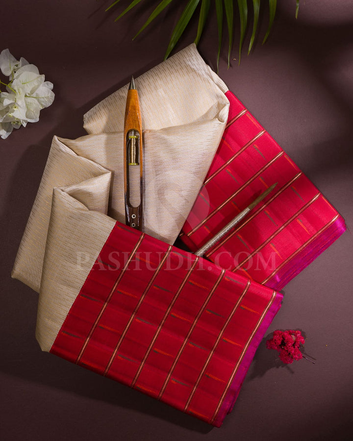 Half White And Red Kanjivaram Silk Saree-S1480(B)