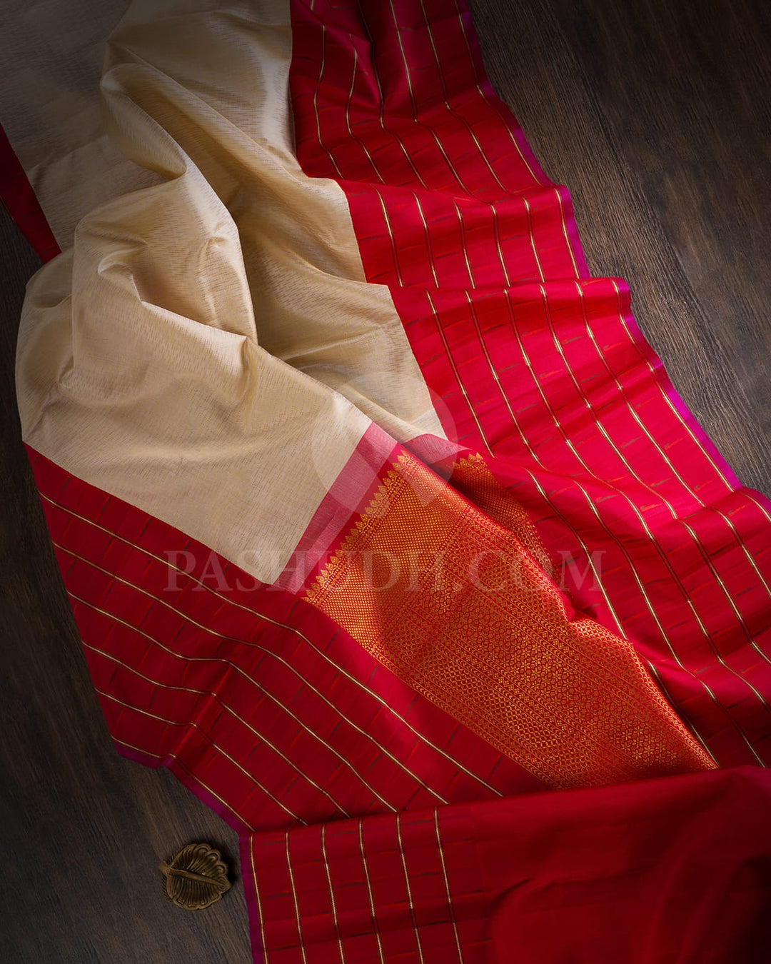 Half White And Red Kanjivaram Silk Saree-S1480(B)