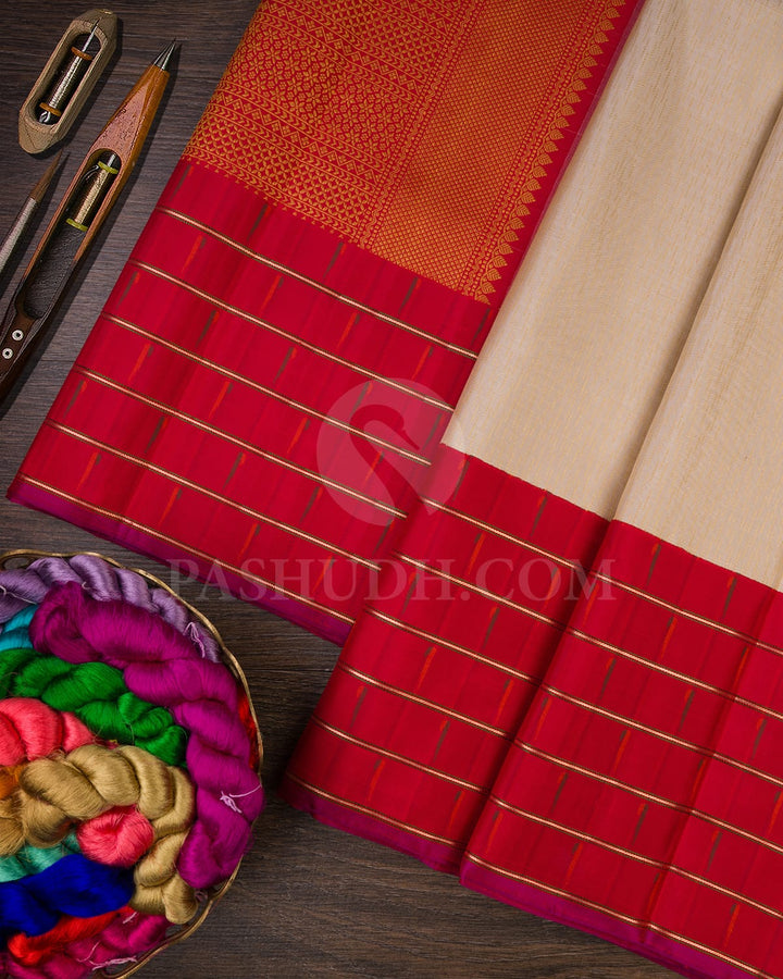 Half White And Red Kanjivaram Silk Saree-S1480(B)