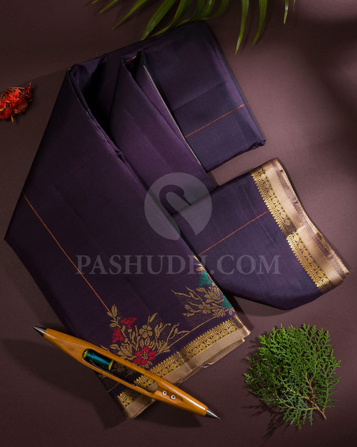 Deep Aubergine And Khaki Kanjivaram Silk Saree-S1462(B)