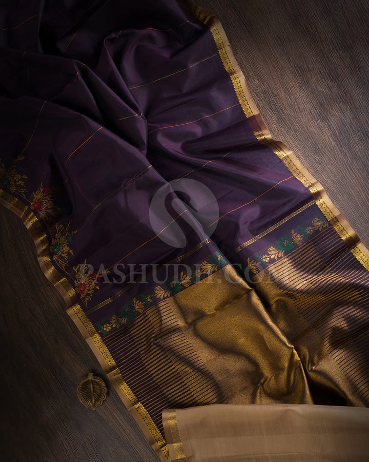 Deep Aubergine And Khaki Kanjivaram Silk Saree-S1462(B)