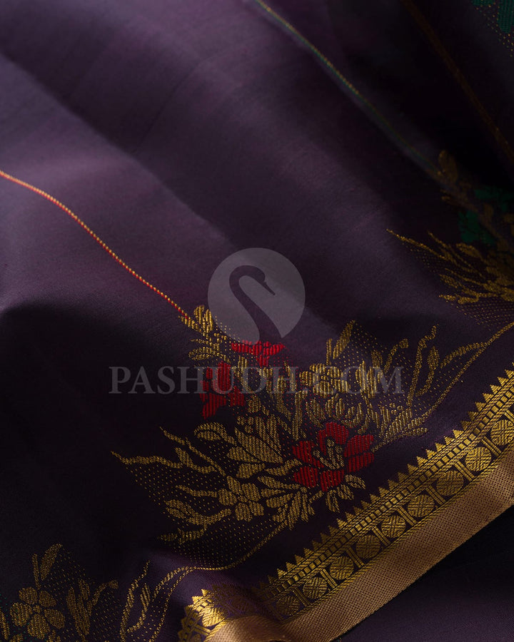 Deep Aubergine And Khaki Kanjivaram Silk Saree-S1462(B)