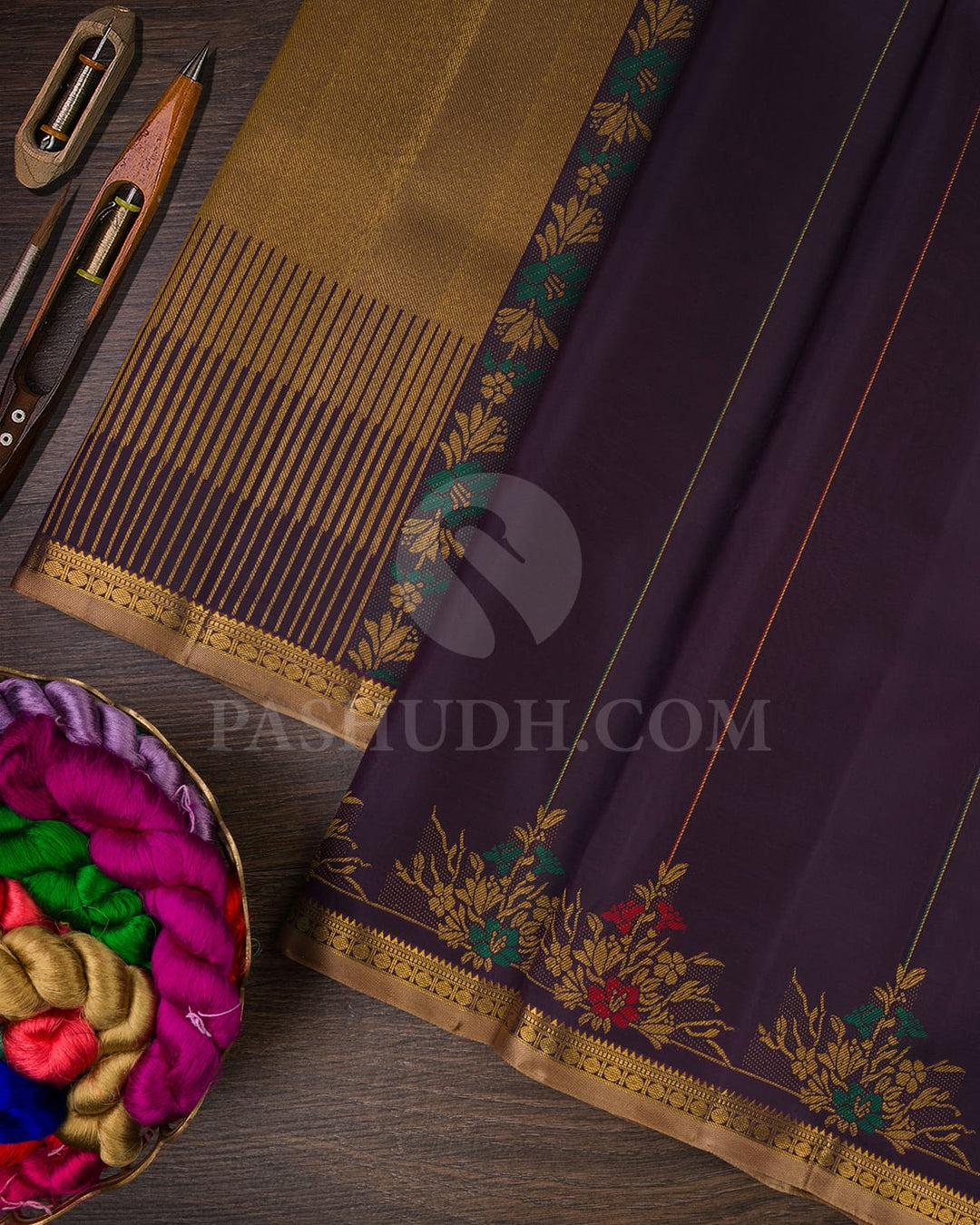 Deep Aubergine And Khaki Kanjivaram Silk Saree-S1462(B)