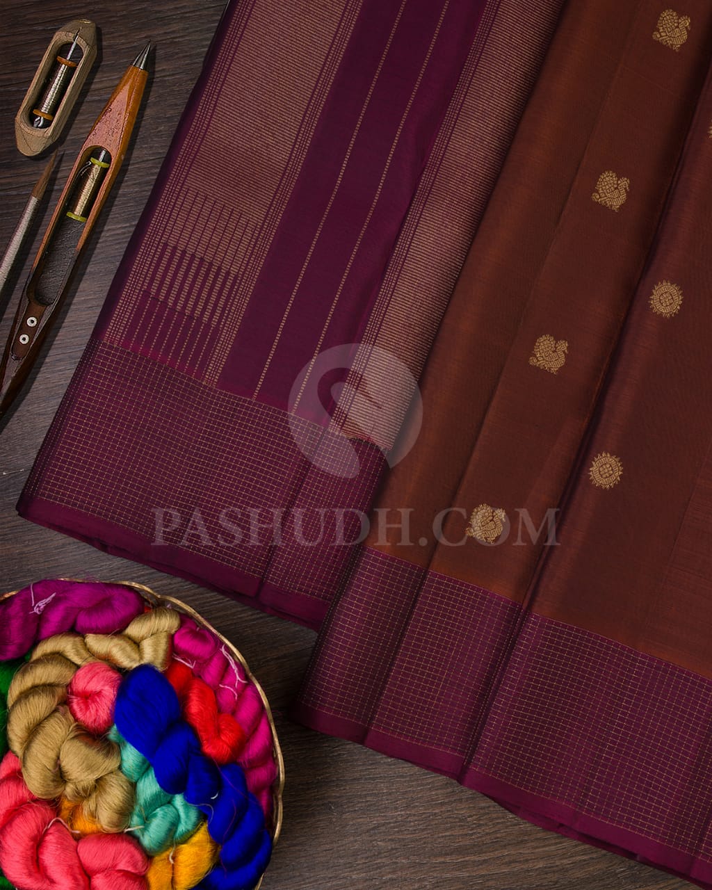 Brown And Deep Wine Pure Zari Kanjivaram Silk Saree-SP172