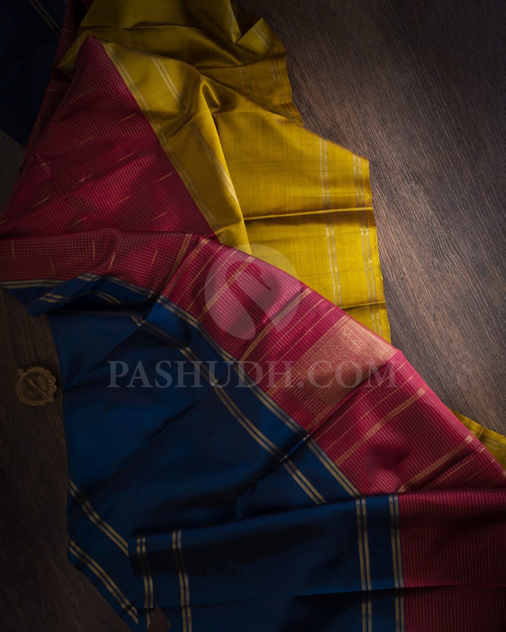 Teal Blue, Golden Mustard And Maroon Pure Zari Kanjivaram Silk Saree-SP164