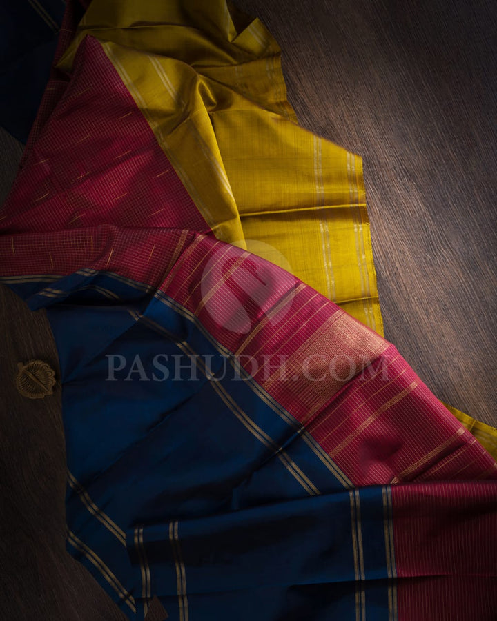 Teal Blue, Golden Mustard And Maroon Pure Zari Kanjivaram Silk Saree-SP164