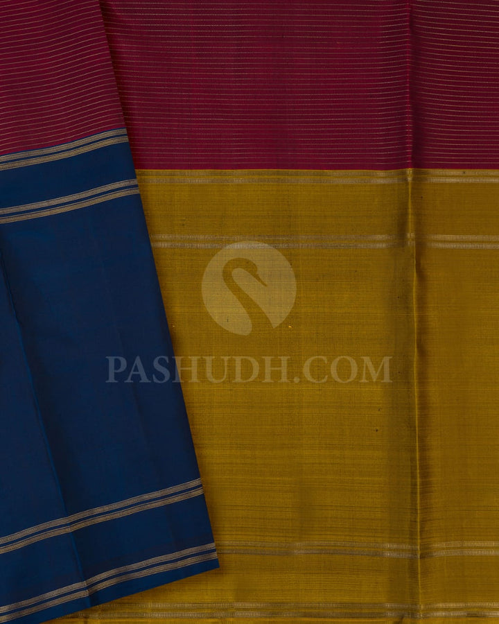 Teal Blue, Golden Mustard And Maroon Pure Zari Kanjivaram Silk Saree-SP164
