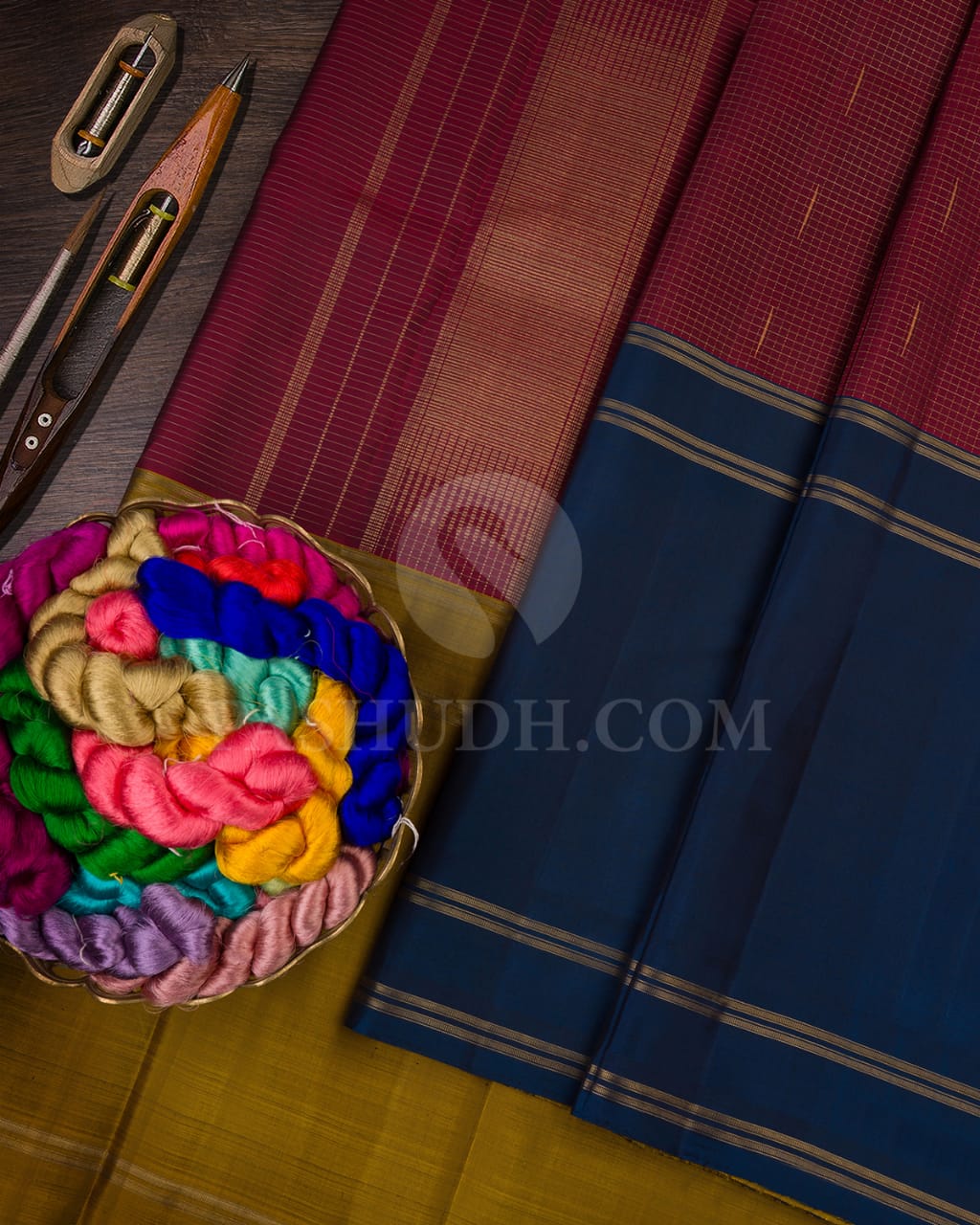 Teal Blue, Golden Mustard And Maroon Pure Zari Kanjivaram Silk Saree-SP164