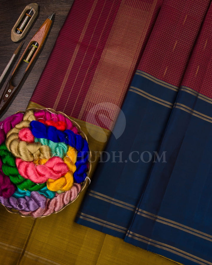 Teal Blue, Golden Mustard And Maroon Pure Zari Kanjivaram Silk Saree-SP164