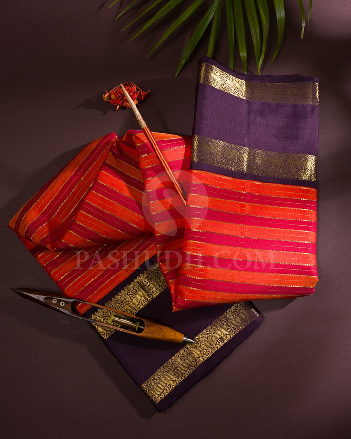 Orange,Red And Aubergine Pure Zari Kanjivaram Silk Saree-SP142