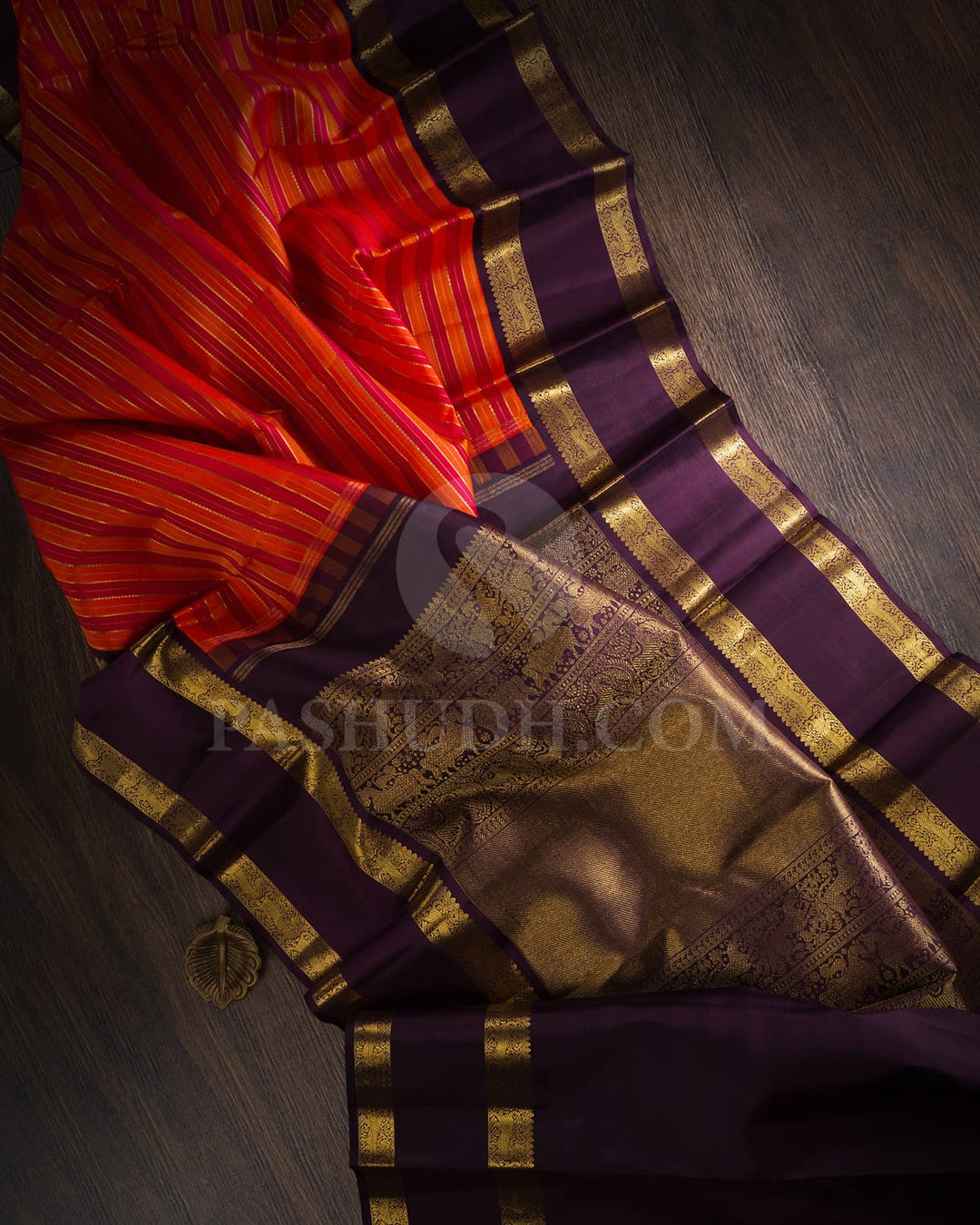 Orange,Red And Aubergine Pure Zari Kanjivaram Silk Saree-SP142