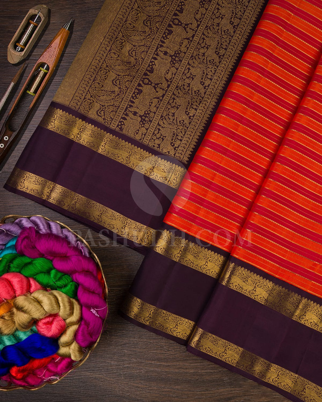Orange,Red And Aubergine Pure Zari Kanjivaram Silk Saree-SP142